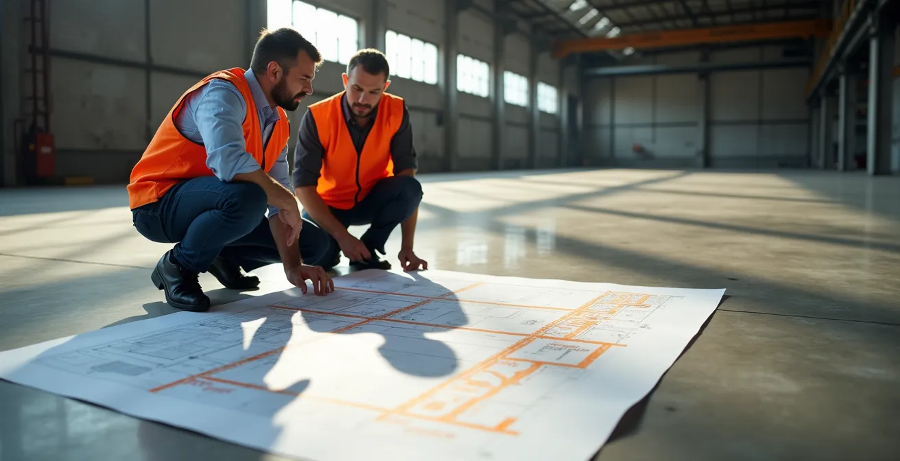 Architekt zeigt Brandschutzpläne für Fabrikhallenumbau