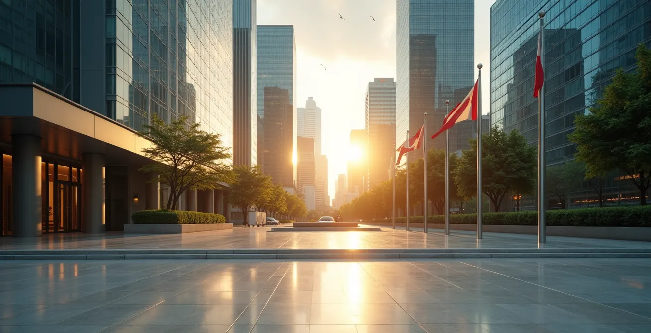 Weitwinkelaufnahme eines modernen Bürogebäudes in Singapur mit deutscher und lokaler Flagge