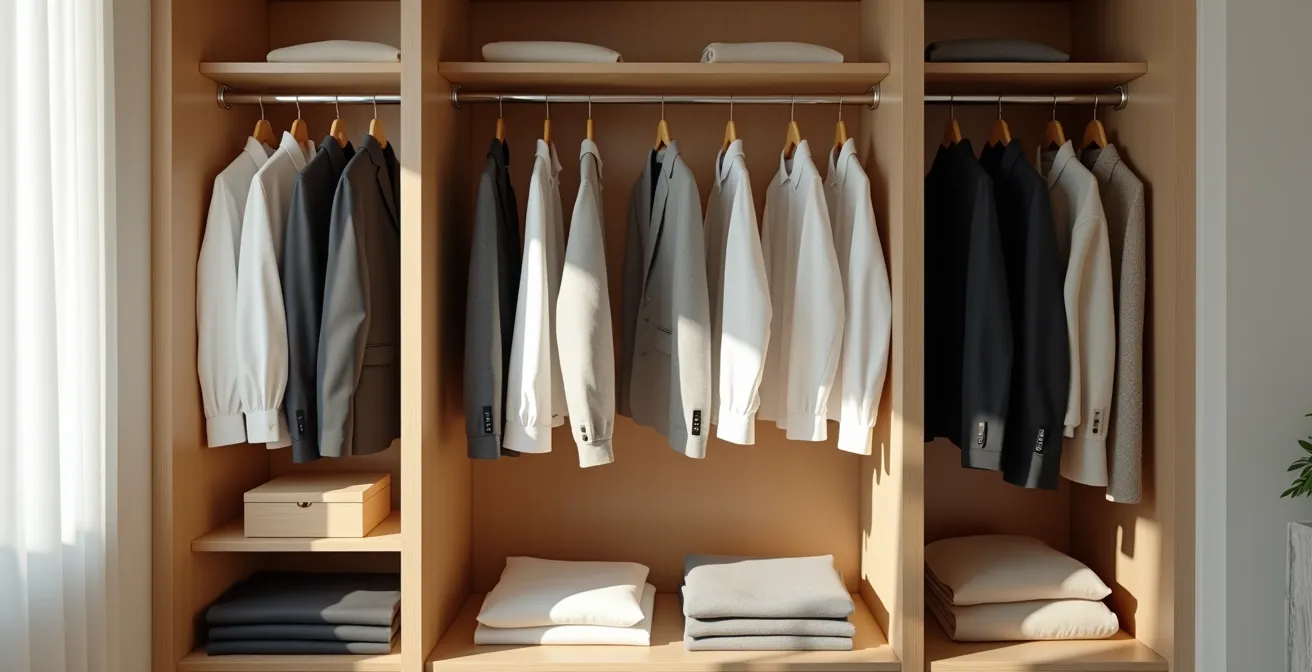 Minimalistischer Kleiderschrank mit wenigen hochwertigen Kleidungsstücken in neutralen Farben