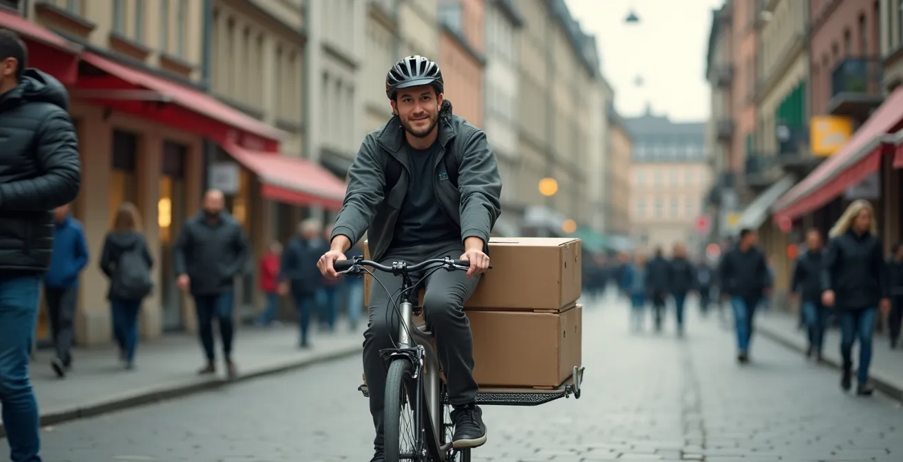 Lastenfahrrad-Fahrer liefert Pakete in deutscher Innenstadt aus