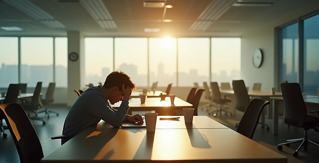 Müde Person am Schreibtisch im Morgenlicht mit Kaffeetasse