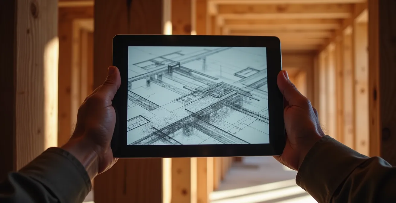 Auszubildender nutzt Tablet zur digitalen Bauplanung auf der Baustelle