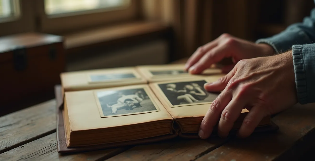 Hände halten altes Fotoalbum mit verschwommenen Familienfotos im Hintergrund