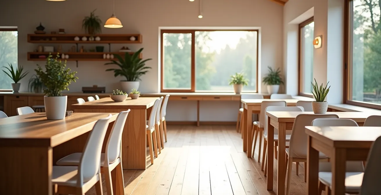 Modernes Dorfbüro mit Möbeln aus regionalem Holz im ländlichen Deutschland