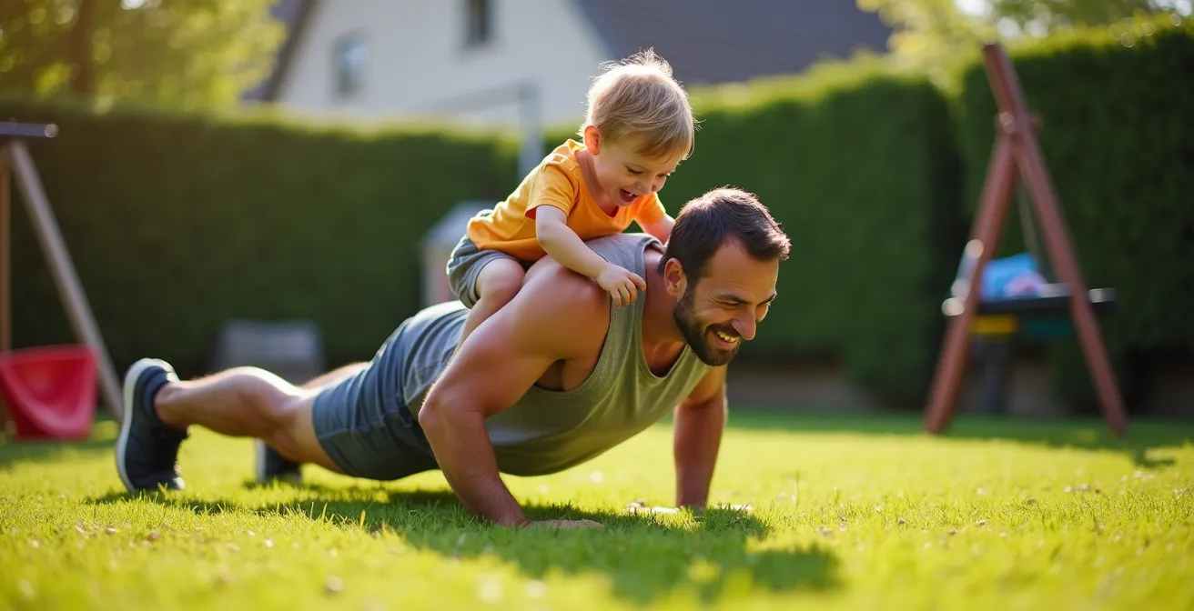 Vater macht Liegestütze während Kleinkind auf seinem Rücken sitzt im sonnigen Garten