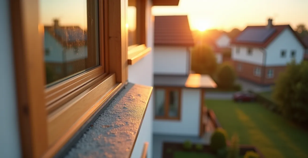 Modernes Effizienzhaus mit Solarpanels und Wärmepumpe in deutscher Wohngegend