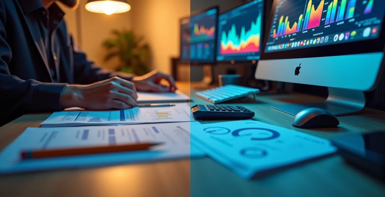 Arbeitsplatz mit Excel-Tabelle und modernem ESG-Dashboard im Vergleich