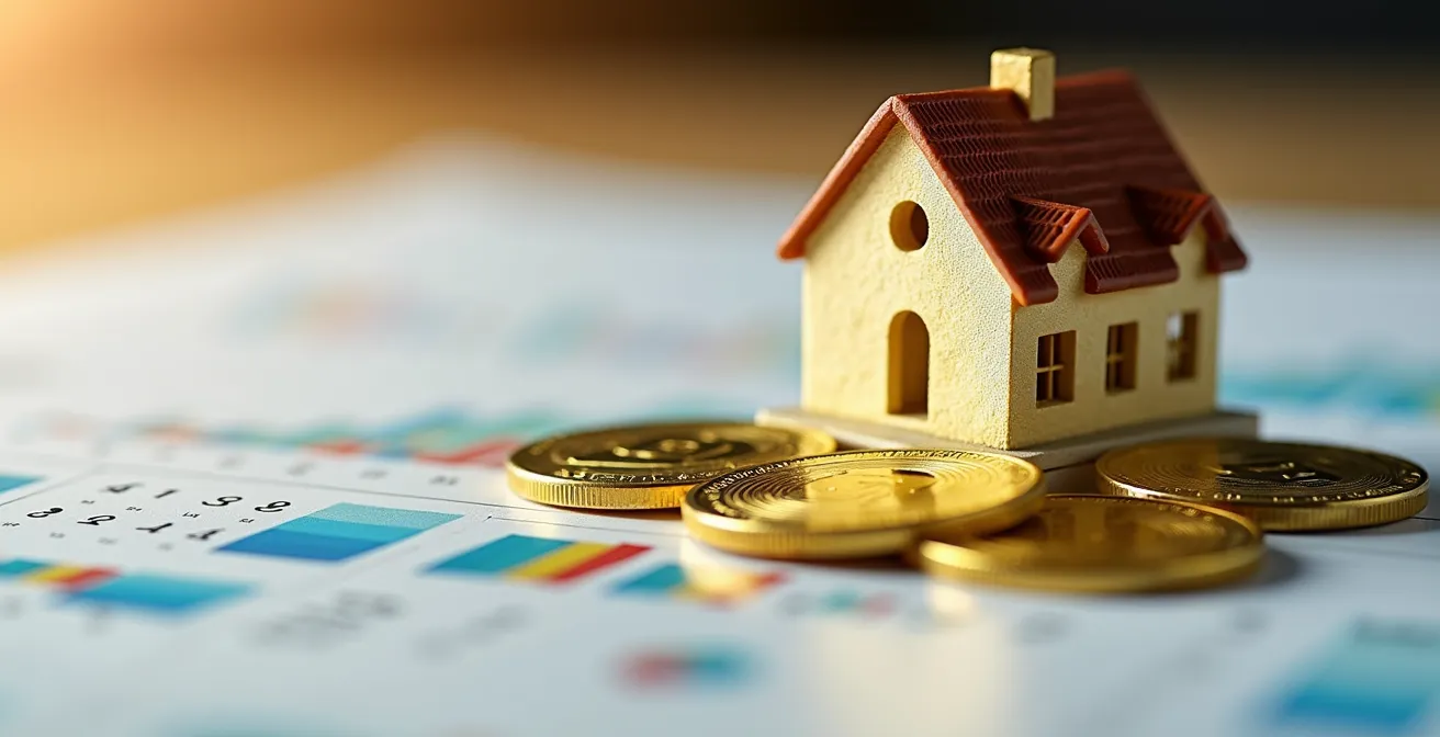 Makroaufnahme von Gold und Immobilienmodell als Symbole für Inflationsschutz