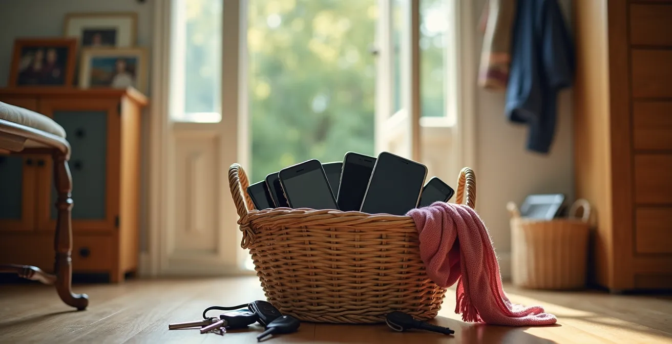 Ein geflochtener Korb im Hausflur, in dem mehrere Smartphones abgelegt sind, als Symbol für eine bewusste digitale Auszeit zu Hause.