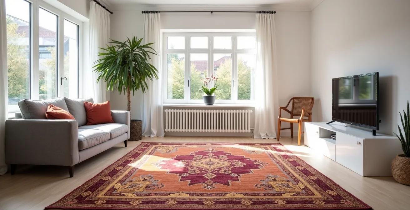 Handgewebter indischer Teppich harmonisch integriert in ein helles deutsches Wohnzimmer