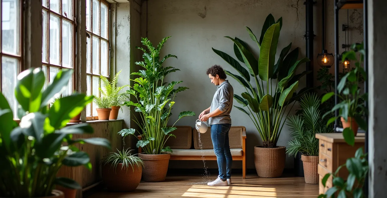 Industrieller Wohnraum mit großen Grünpflanzen und warmem Licht, das durch Fabrikfenster fällt
