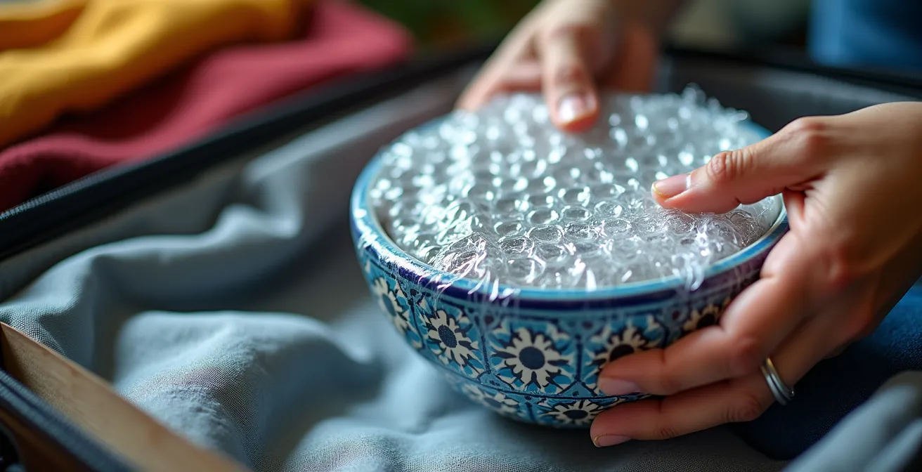 Professionell verpackte marokkanische Keramik in einem geöffneten Reisekoffer