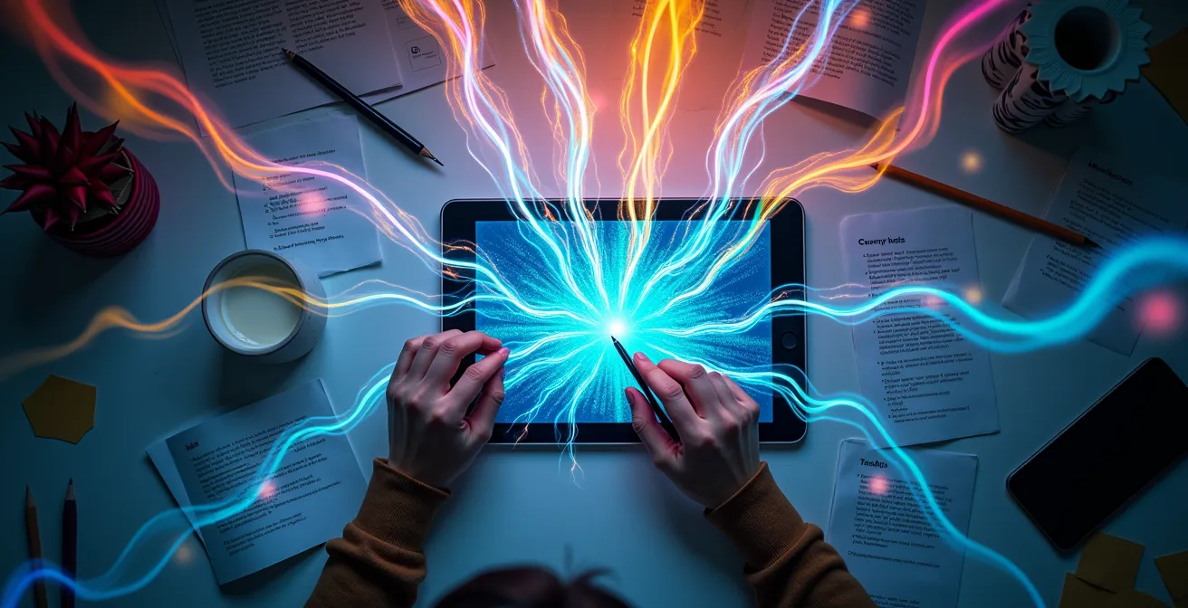 Ein visueller Workflow, der zeigt, wie KI bei der Erstellung von Social-Media-Inhalten unterstützt und den Prozess beschleunigt.