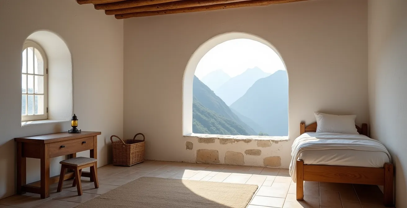 Schlichtes Klosterzimmer mit Holzmöbeln und Bergblick durch ein Fenster, das Ruhe und Minimalismus ausstrahlt.