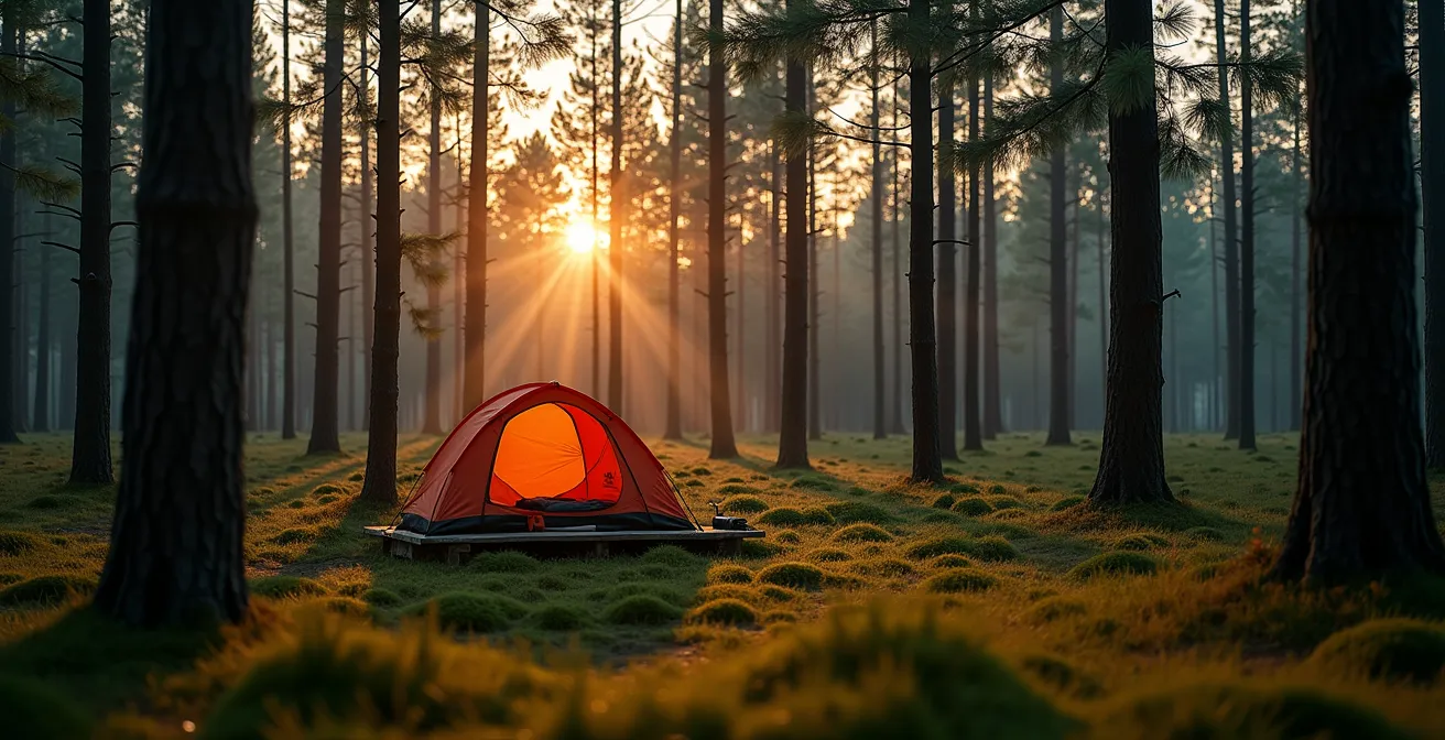 Minimalistisches Trekkingcamp zwischen Bäumen in der Abenddämmerung