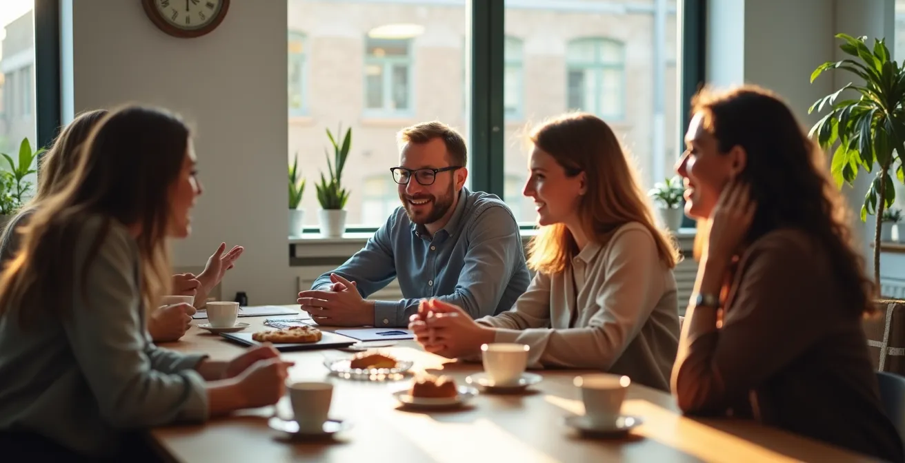 Diverse Mitarbeitergruppe bei informellem Digital-Frühstück im deutschen Mittelstandsunternehmen