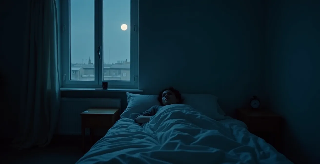 Eine Person liegt nachts wach im Bett in einem spärlich beleuchteten Schlafzimmer, die Anspannung ist sichtbar.