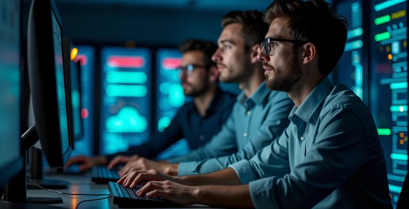 IT-Notfallteam arbeitet unter Hochdruck an der Systemwiederherstellung in einem Rechenzentrum