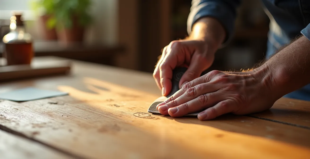 Nahaufnahme von Händen die einen Kratzer im geölten Eichentisch mit Schleifpapier bearbeiten