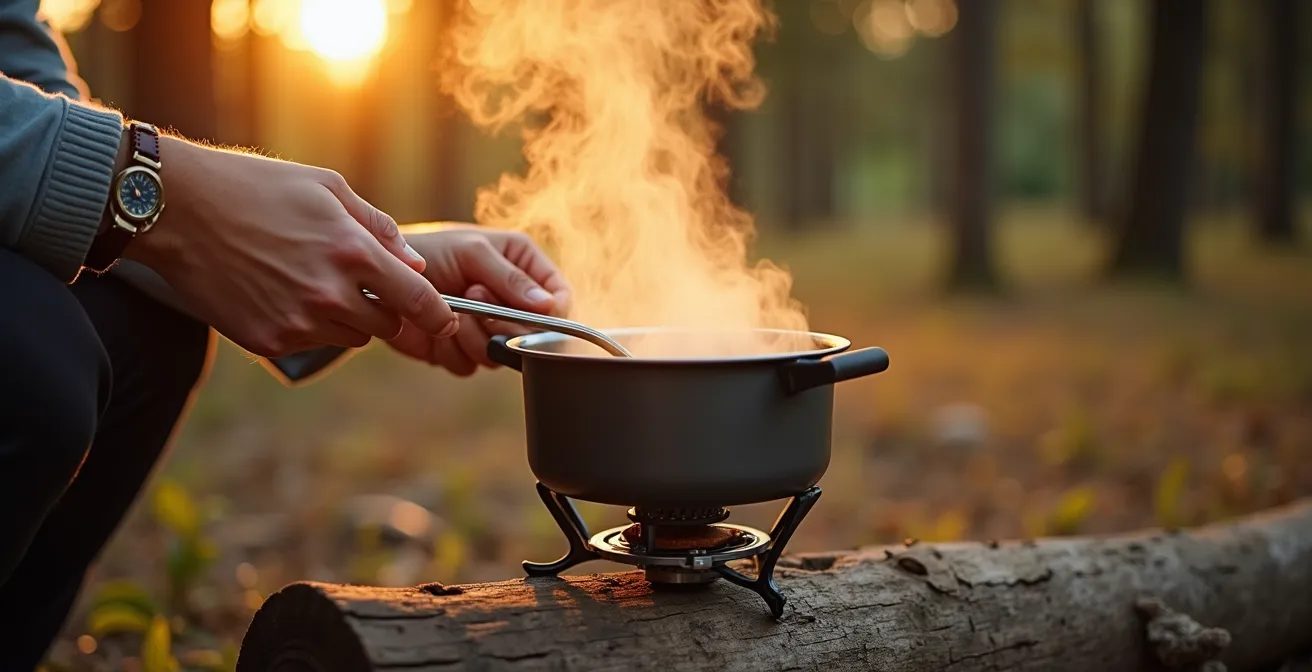 Campingkocher mit dampfendem Topf auf Waldlichtung im Abendlicht