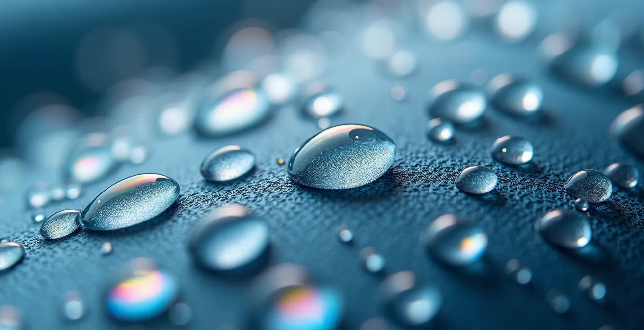 Makroaufnahme einer wasserdichten Membran mit Wassertropfen, die die Funktionsweise von PFC-freien Alternativen illustriert.