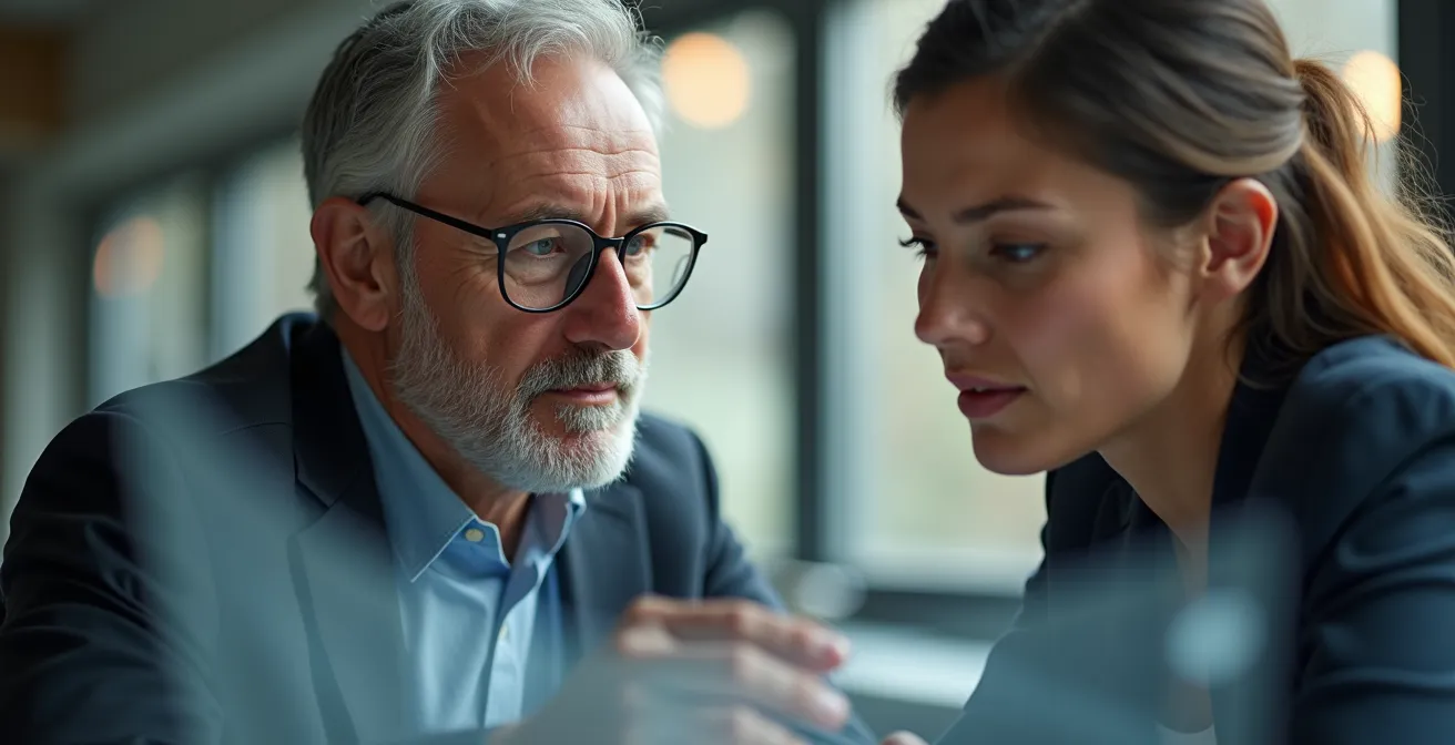 Zwei Personen unterschiedlichen Alters im produktiven Austausch am Arbeitsplatz