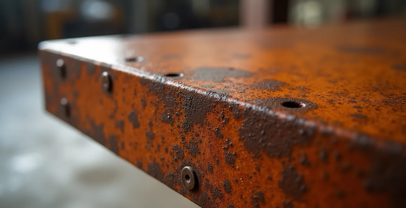 Makroaufnahme von versiegelter Rostpatina auf Industriemöbel, die die Textur und den Glanz der Versiegelung zeigt