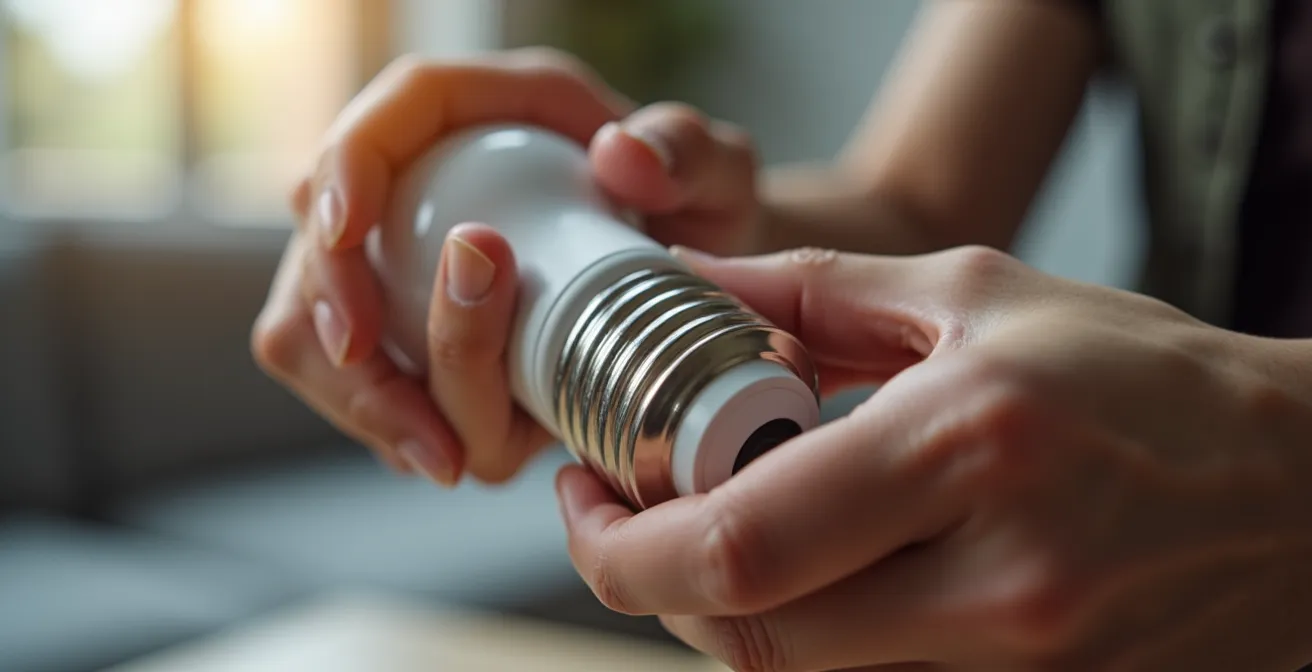 Nahaufnahme einer Hand, die eine smarte LED-Lampe in eine Fassung schraubt