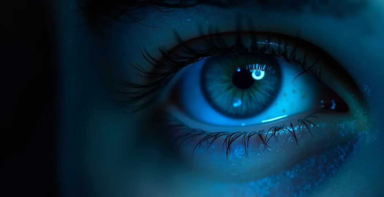 Nahaufnahme von müden Augen, die im Dunkeln vom blauen Licht eines Smartphones angestrahlt werden.