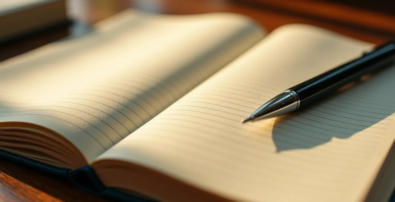 Nahaufnahme eines aufgeschlagenen Notizbuchs mit Stift bei warmem Abendlicht