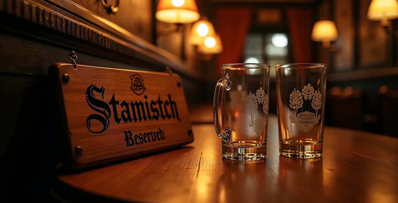 Traditioneller Stammtisch in einem gemütlichen deutschen Gasthaus, der die kulturelle Grenze symbolisiert.