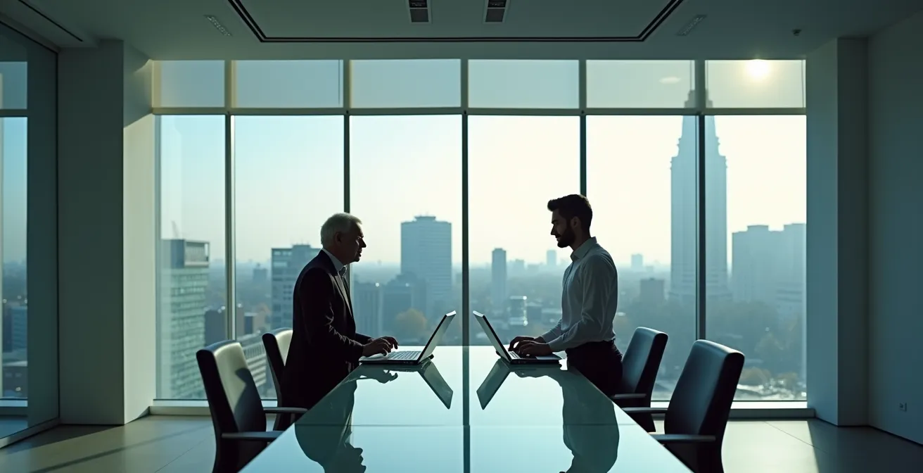 Zwei Generationen arbeiten gemeinsam in einem modernen Büro, was den Prozess der Übergabe symbolisiert.