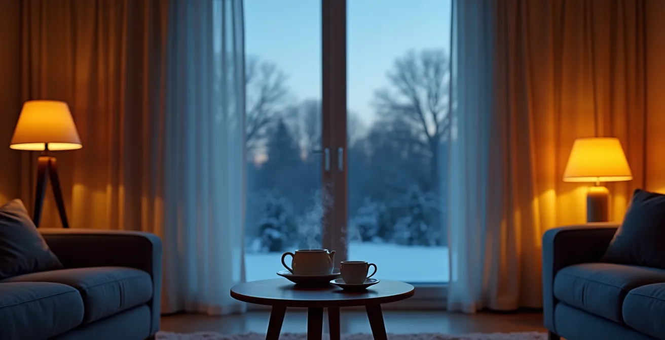 Wohnzimmer mit automatisch schließenden thermischen Vorhängen in der Abenddämmerung