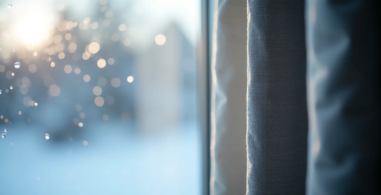 Nahaufnahme eines dichten Thermovorhangs, der die Struktur des isolierenden Gewebes zeigt, mit Kondenswasser an einem Fenster im Hintergrund.