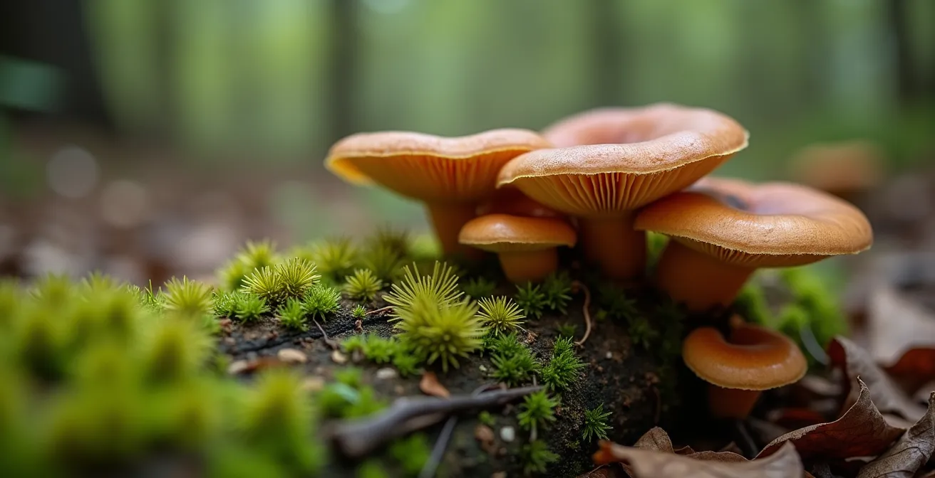 Makroaufnahme von Waldbodenorganismen die organisches Material zersetzen