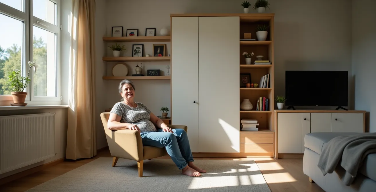 Organisierte kleine Wohnung mit reduzierten visuellen Reizen und klaren Zonen