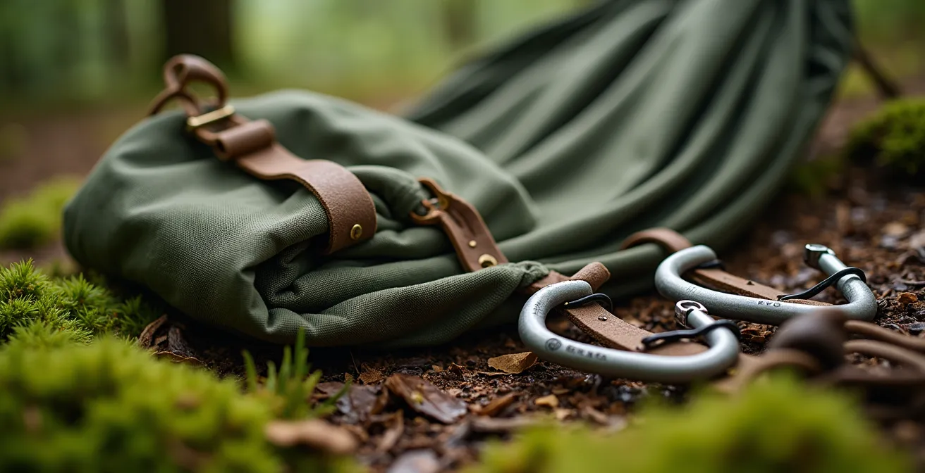 Detailaufnahme von Outdoor-Ausrüstung auf Waldboden