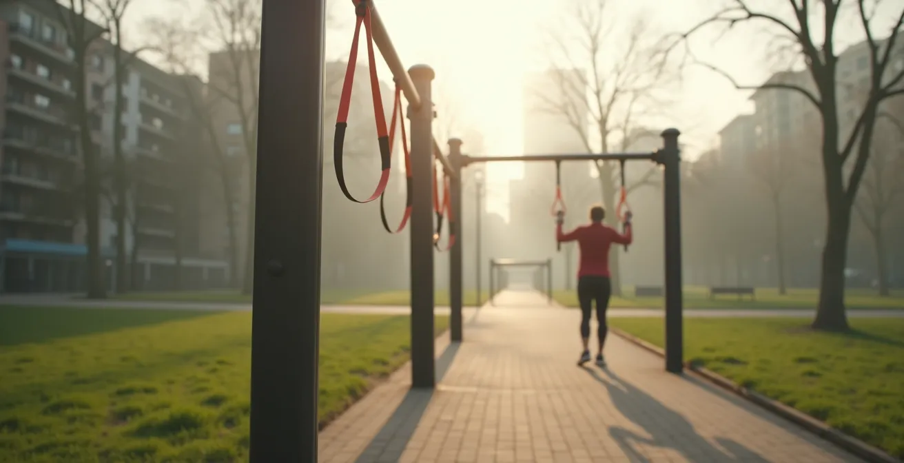 Sportler trainiert mit Widerstandsbändern an Trimm-Dich-Pfad im deutschen Stadtpark
