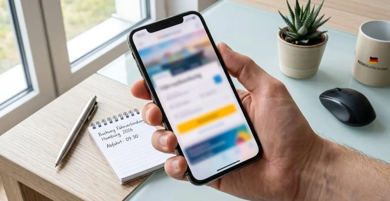 Nahaufnahme einer Hand, die ein Smartphone mit unscharfem Buchungsbildschirm auf einem modernen Schreibtisch hält