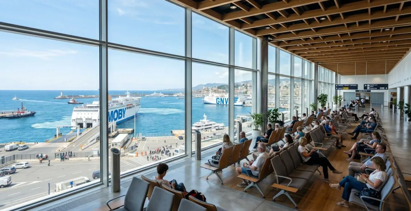 Heller moderner Fährhafen-Wartebereich mit grossen Fenstern und Blick auf das Mittelmeer und Fährschiffe